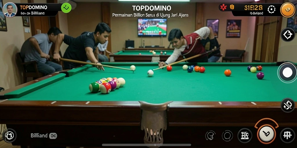 Screenshot TOPDOMINO menampilkan meja billiard dengan grafis menawan.